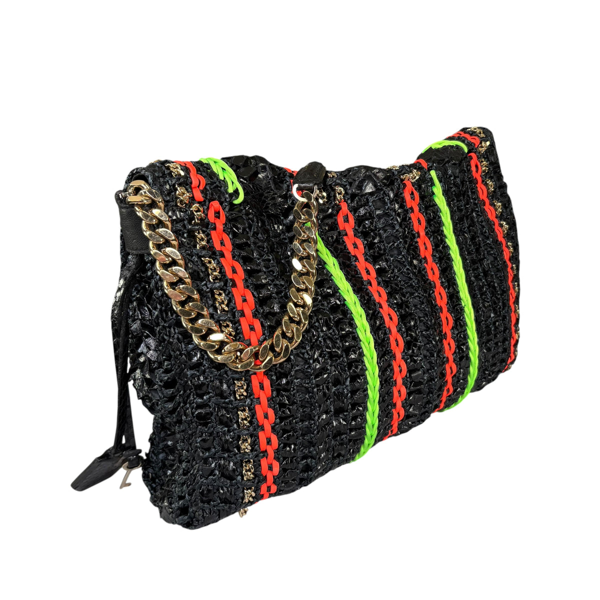 Jimmy Choo GHW Leather Rafia Neon Black Snake Chain Flap