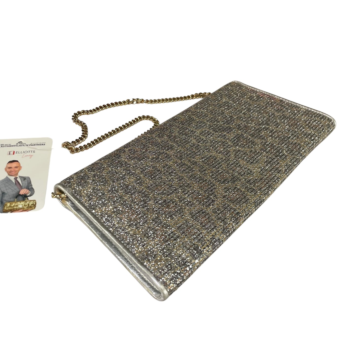 Jimmy Choo Margot Metallic Glitter Silver Leather GHW Chain Clutch