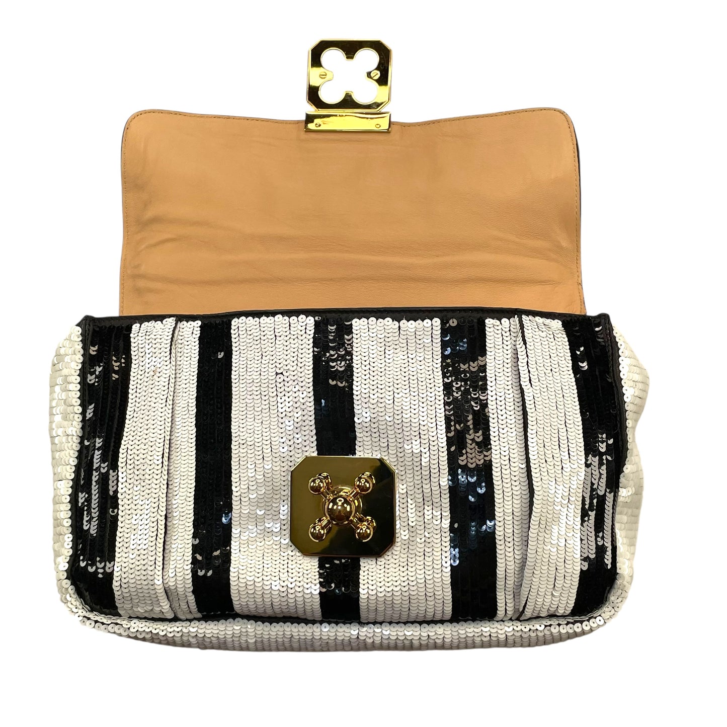 Chloe Elsie Medium Sequin Leather Stripe Black White GHW Rope Strap Shoulder Bag
