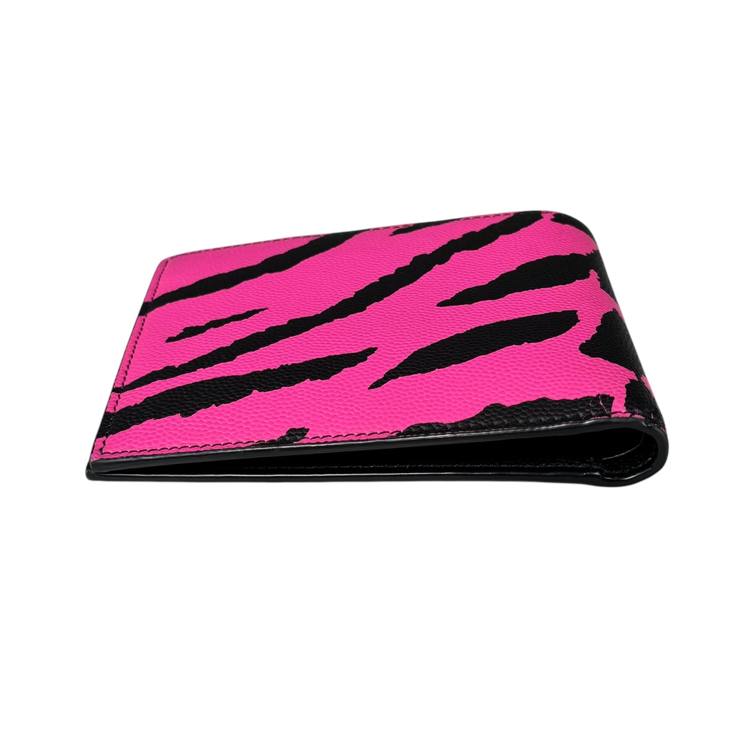 YSL Saint Laurent Mens Pink / Black Tiger Print Caviar Leather Bi-Fold Wallet