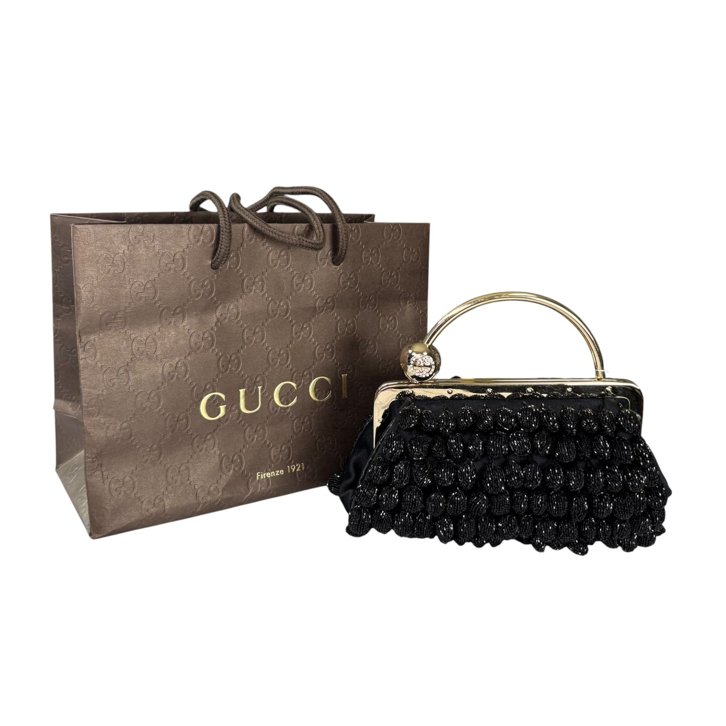 Gucci GG Y2K Mini GHW Black Satin Crystal Ball Kiss-Lock Beaded Clutch