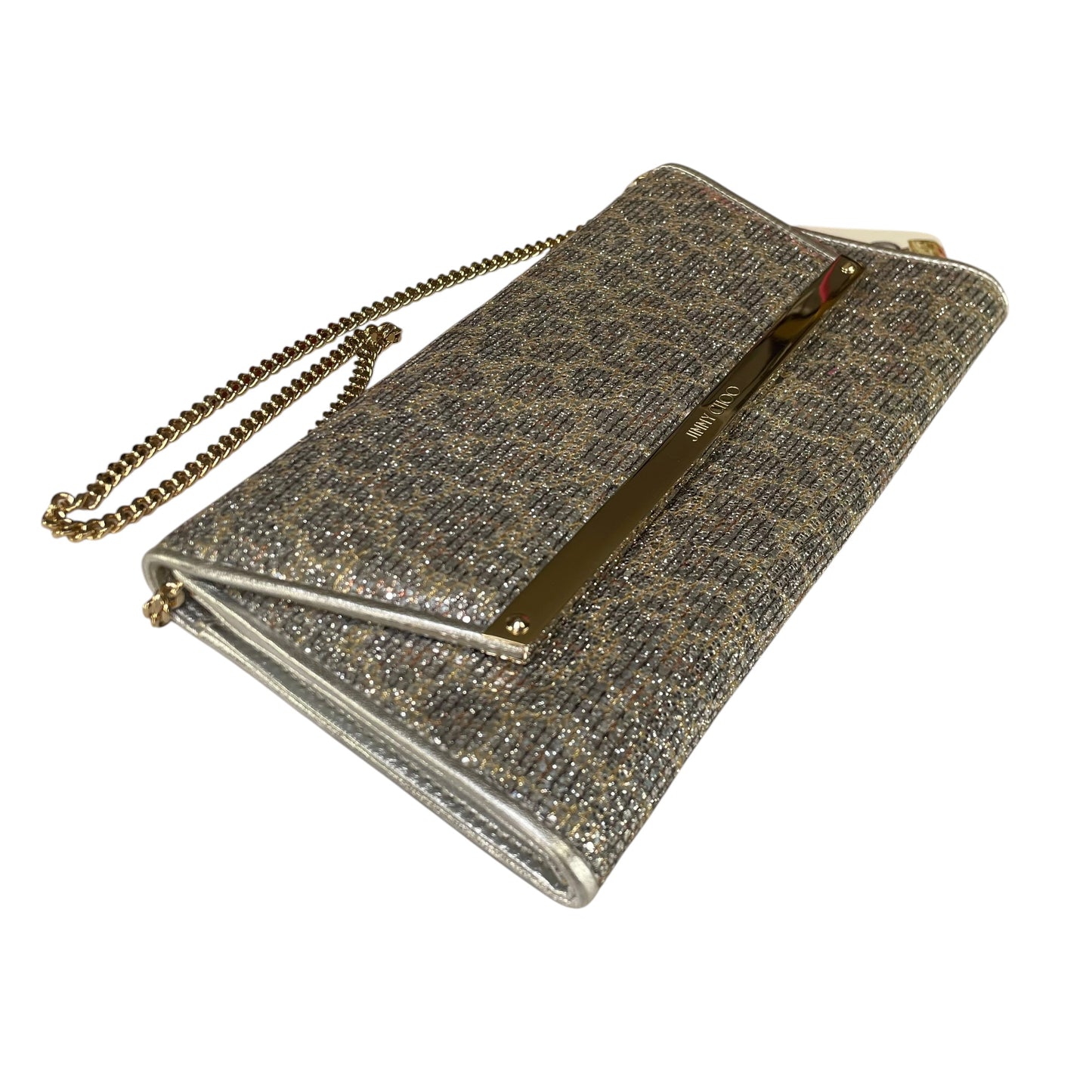 Jimmy Choo Margot Metallic Glitter Silver Leather GHW Chain Clutch
