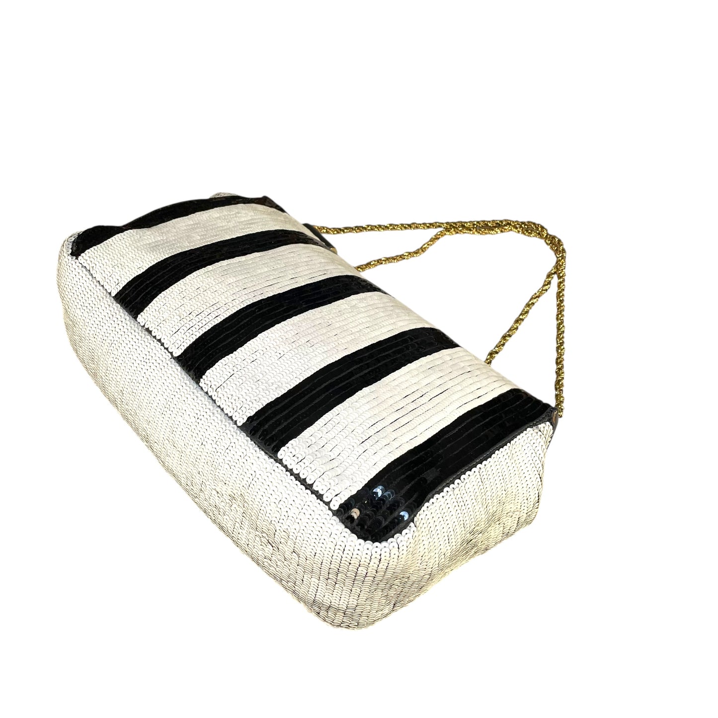 Chloe Elsie Medium Sequin Leather Stripe Black White GHW Rope Strap Shoulder Bag