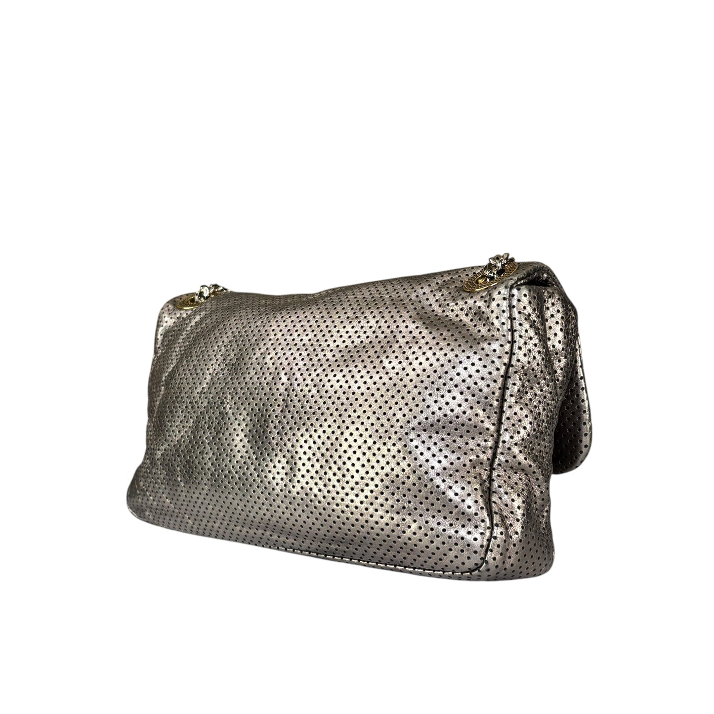 Chanel 2.55 Drill Flap Pewter Metallic Lambskin Leather GHW Med Shoulder Purse