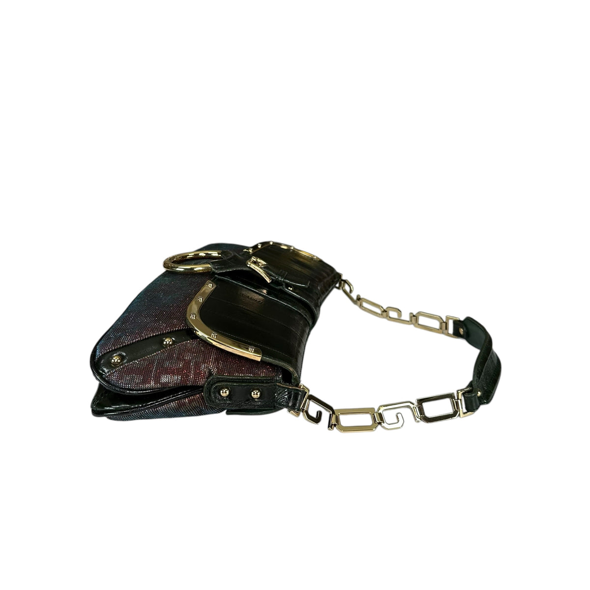 Dolce & Gabbana D-Ring Eel Skin Green / Gold Hologlyphic Canvas Shoulder Purse