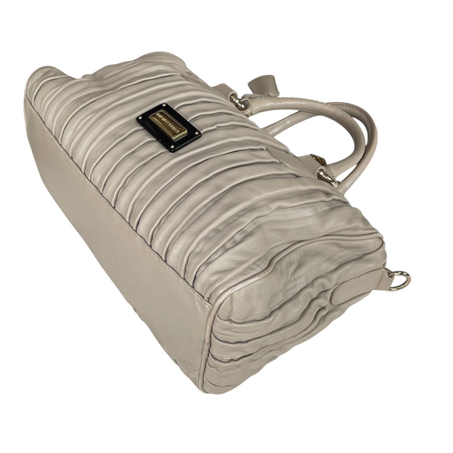 Emporio Armani Pleated GHW Leather Satchel Taupe Lock Key Crossbody Boston Bag