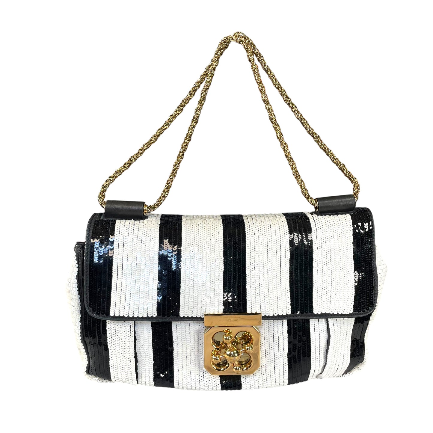 Chloe Elsie Medium Sequin Leather Stripe Black White GHW Rope Strap Shoulder Bag