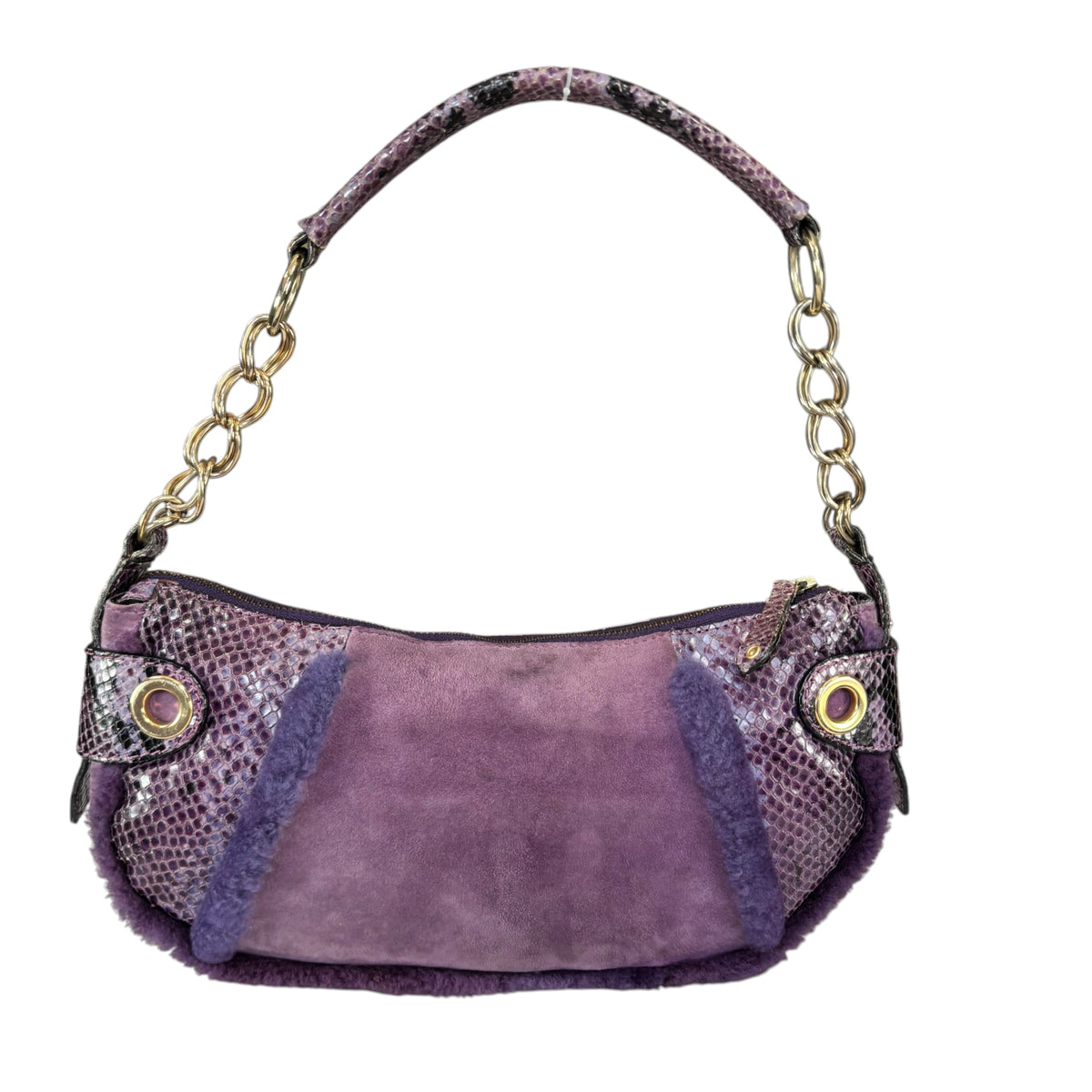 Dolce & Gabbana Y2K Purple Shearling Python Embossed Shoulder Purse