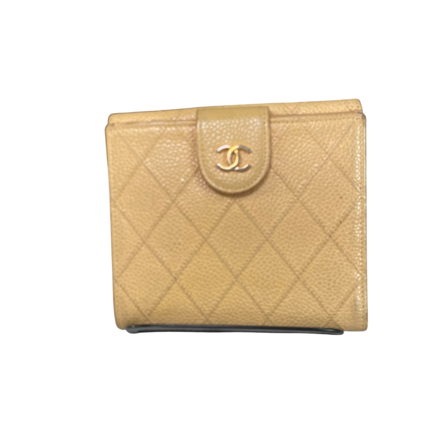 Chanel Compact Wallet Beige Caviar Leather CC Logo Snap Small Wallet Vintage