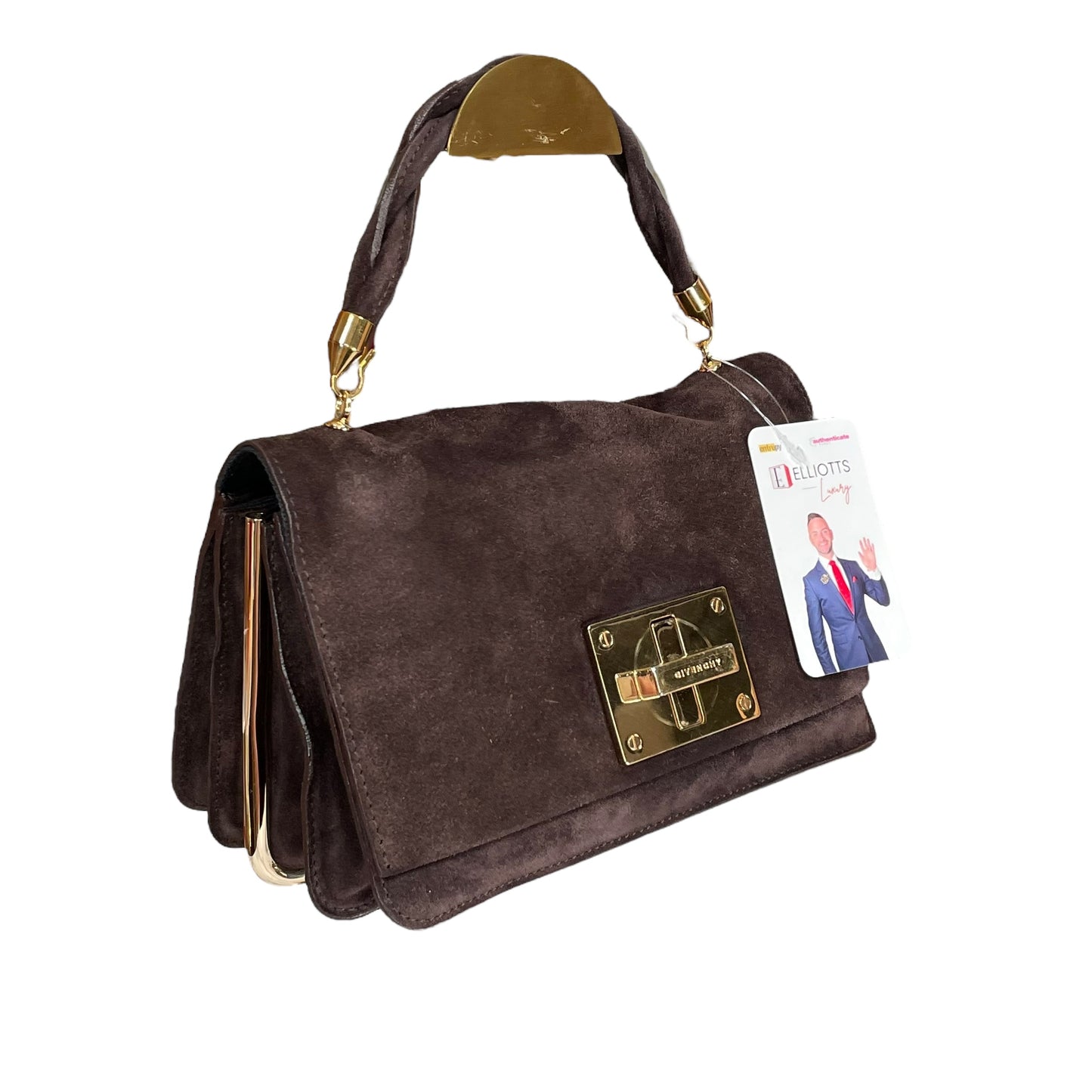 Givenchy Turn-Lock 4G Brown Suede GHW Woven Strap Clutch Handbag