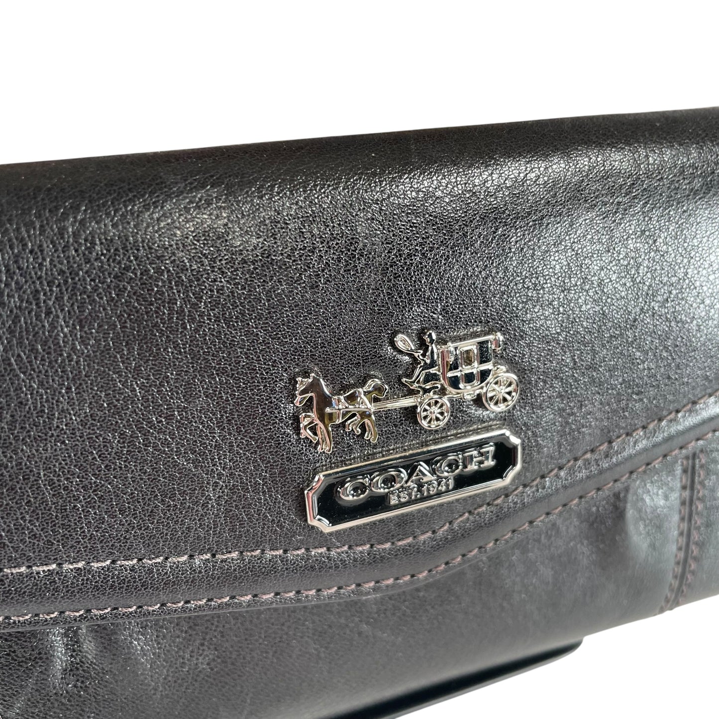 Coach Madison Carriage Logo Black Leather Trifold Long Wallet Lilac Interior SHW