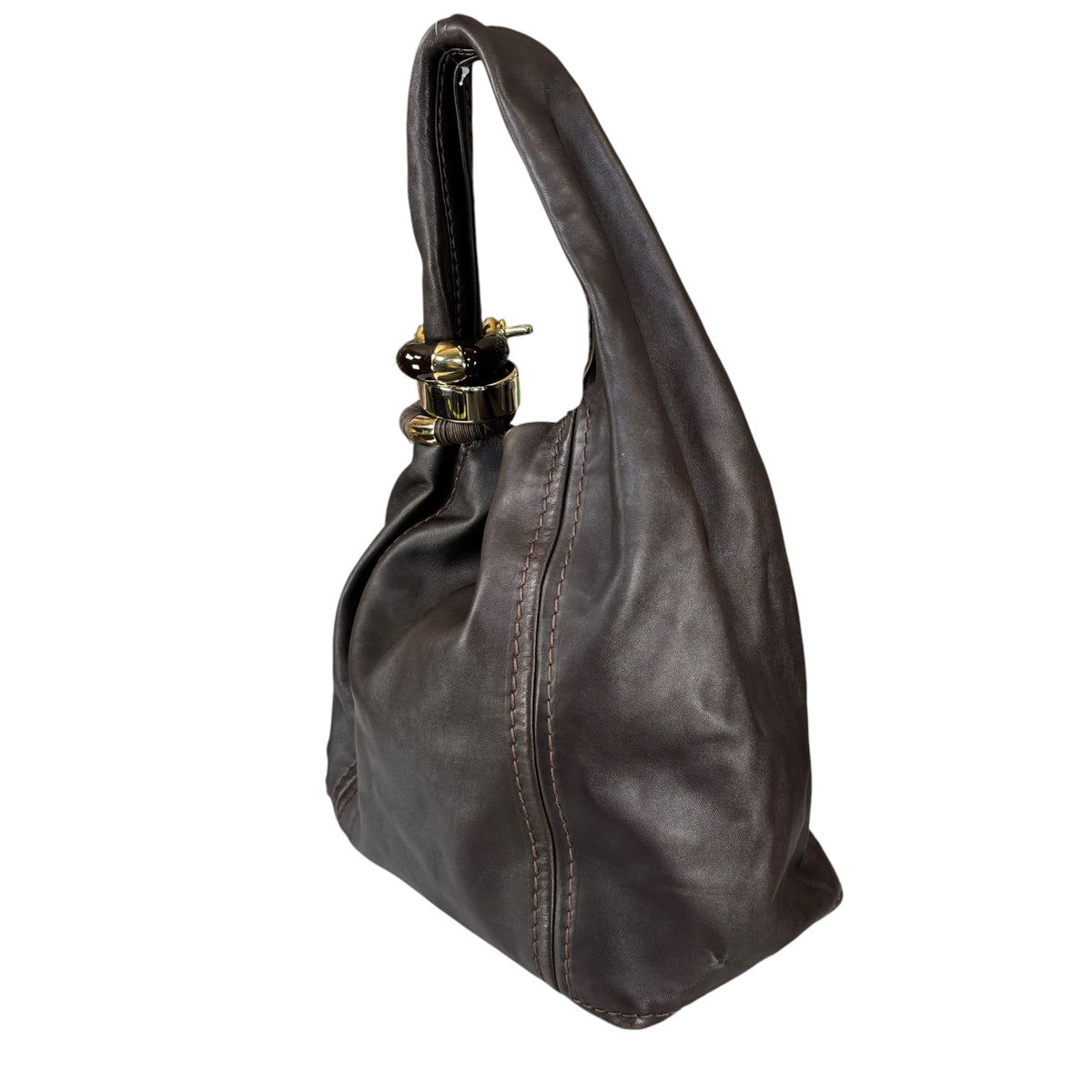 Jimmy Choo Saba Brown Leather GHW Bangle Large Hobo Shoulder Purse