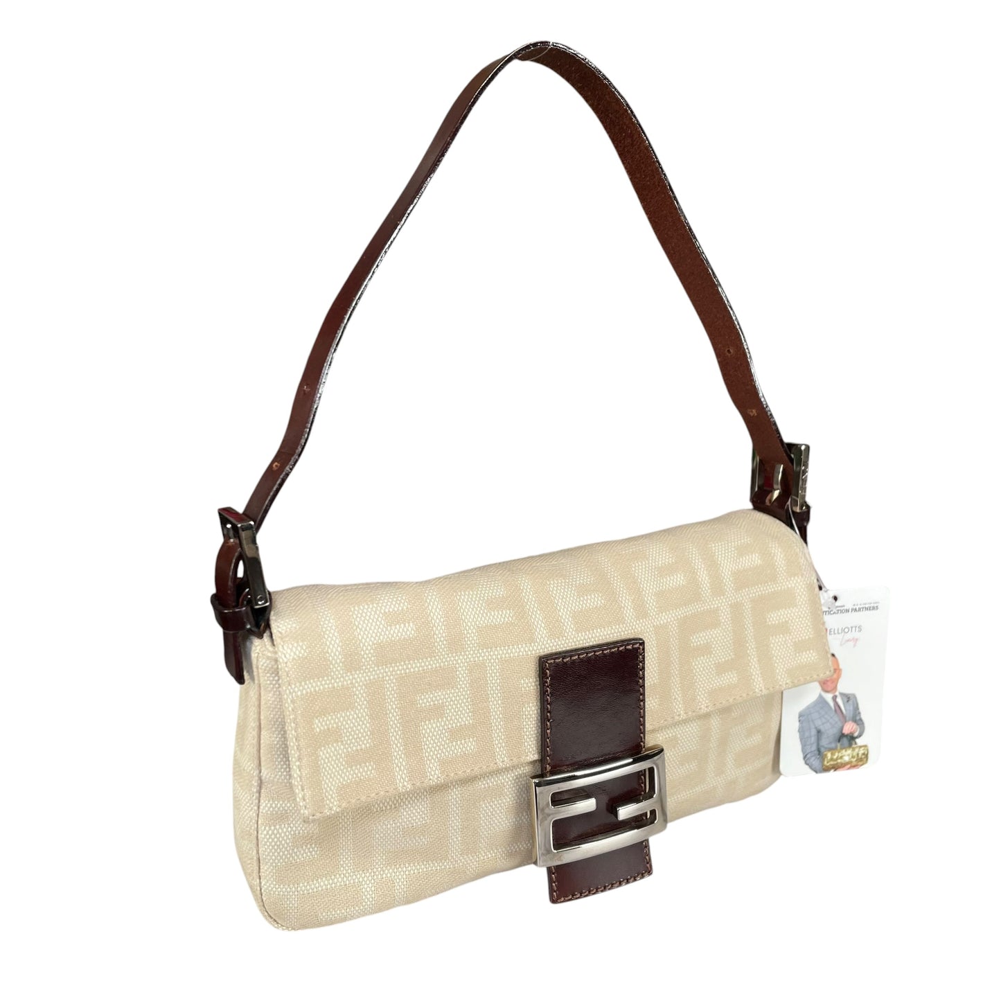 Fendi Baguette Y2K Zucca Monogram Cream Brown Fabric Leather Shoulder Purse