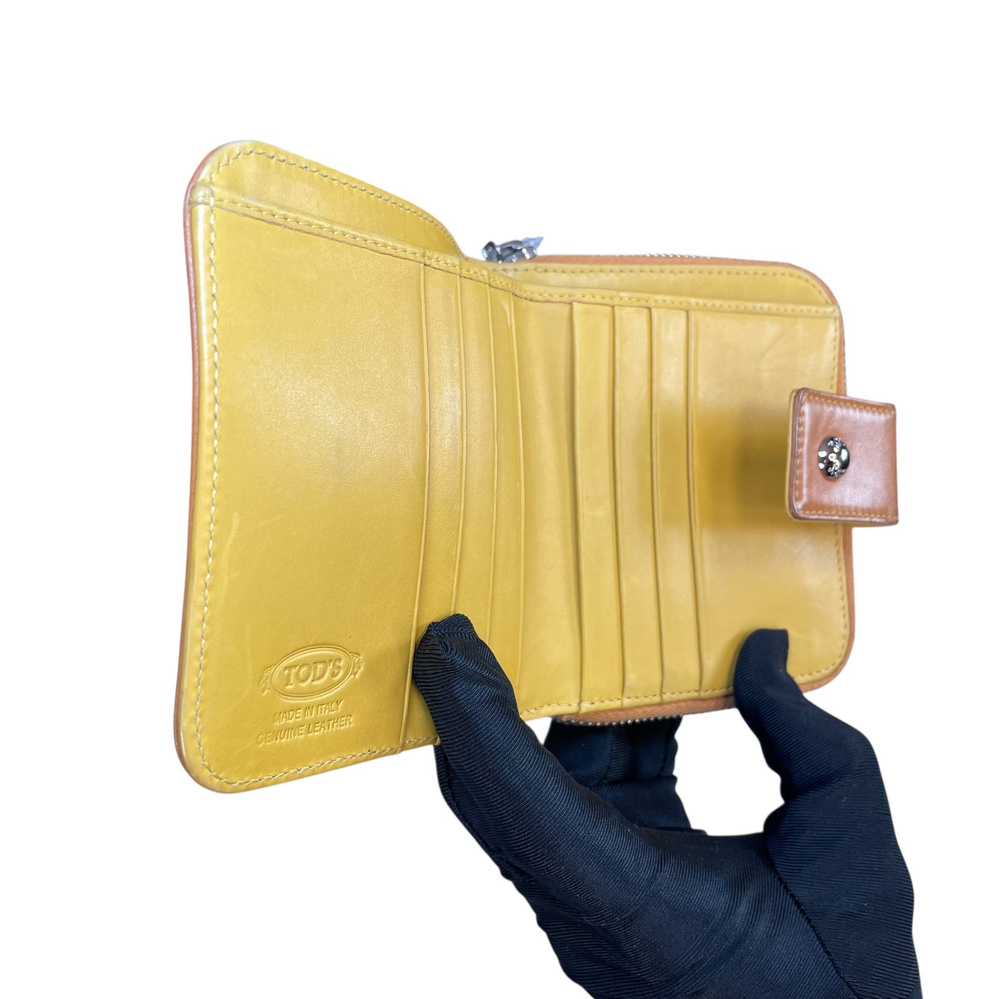 TOD’s Italian Leather Brown / Yellow SHW Snap Tab Zip Around Compact Wallet