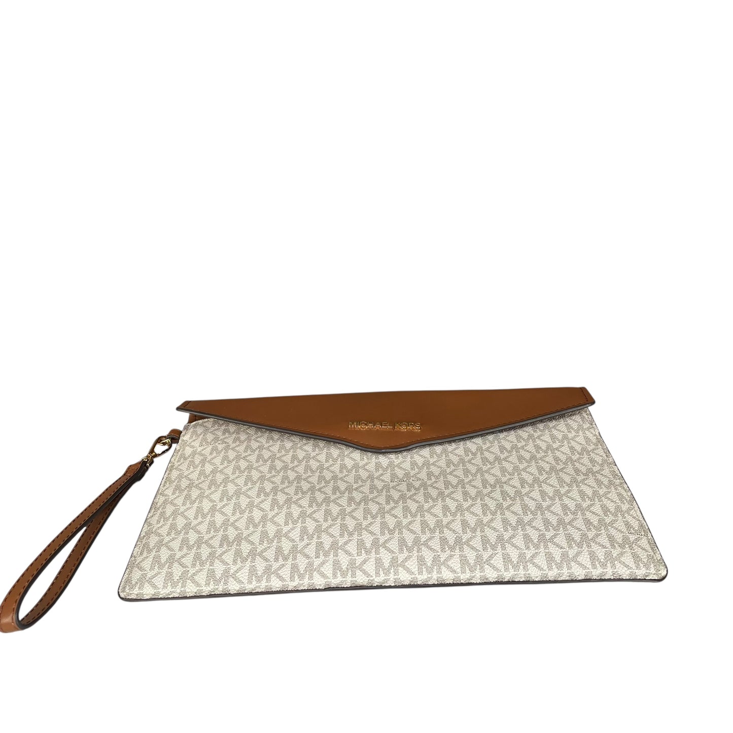 Michael Kors Maisie Leather Brown White Canvas GHW XL Envelope Clutch Wristlet