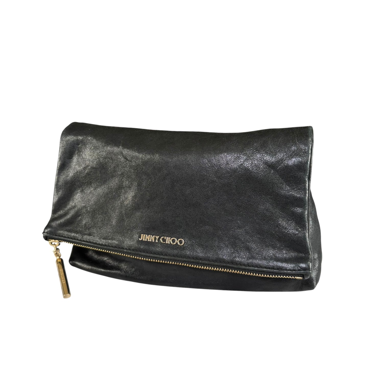 Jimmy Choo Nyla Black GHW Leather Fold-Over Zip Clutch