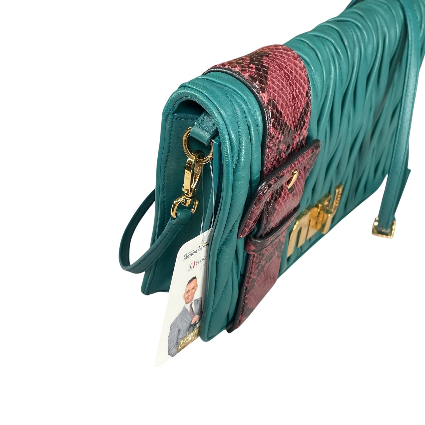 Miu Miu Delice Teal Matelasse Python Embossed Nappa Leather GHW Crossbody Flap Purse