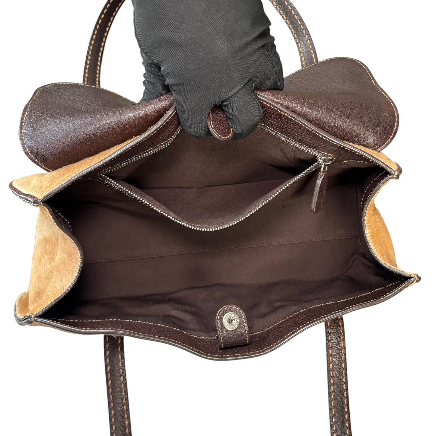 Tod’s Fawn Hair Calf Pony Brown Leather Baguette Shoulder Purse