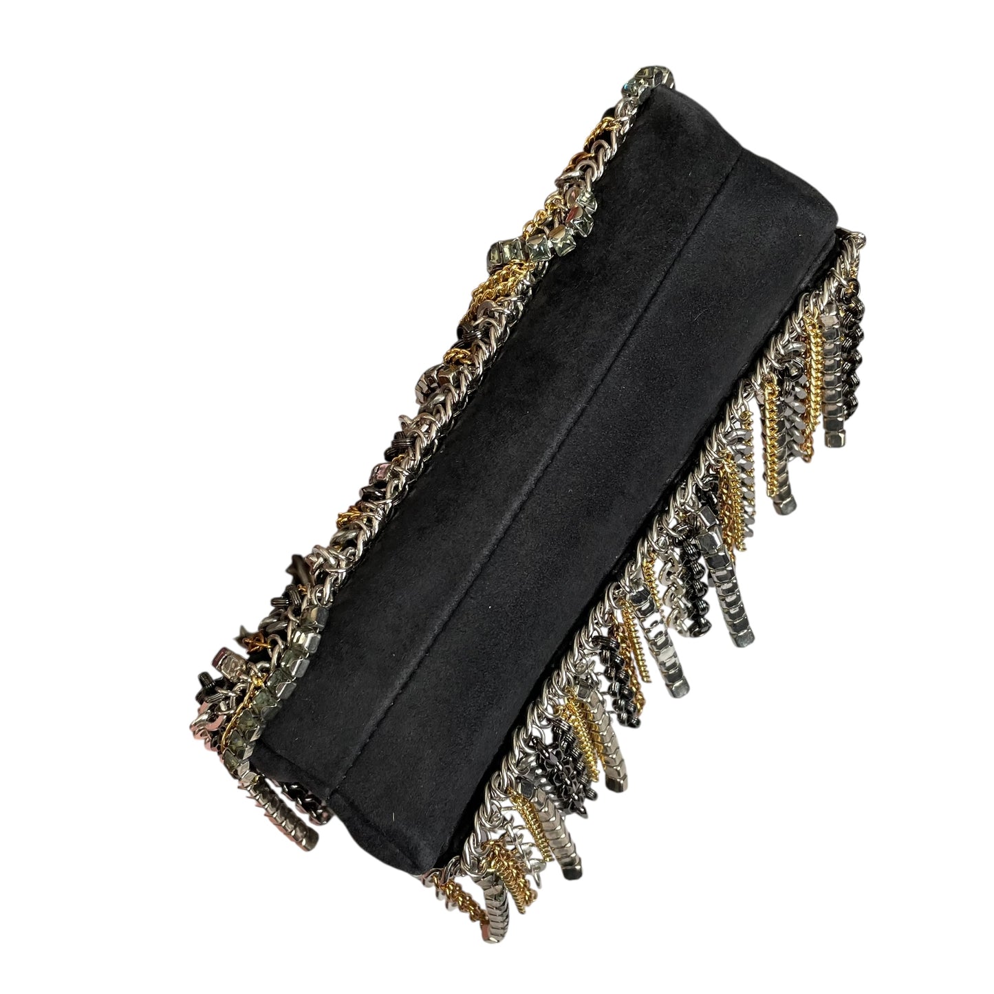 Jimmy Choo  Mini Black Suede Mixed Chain Rhinestone Fringe Hardware 2-Way Clutch Shoulder Purse