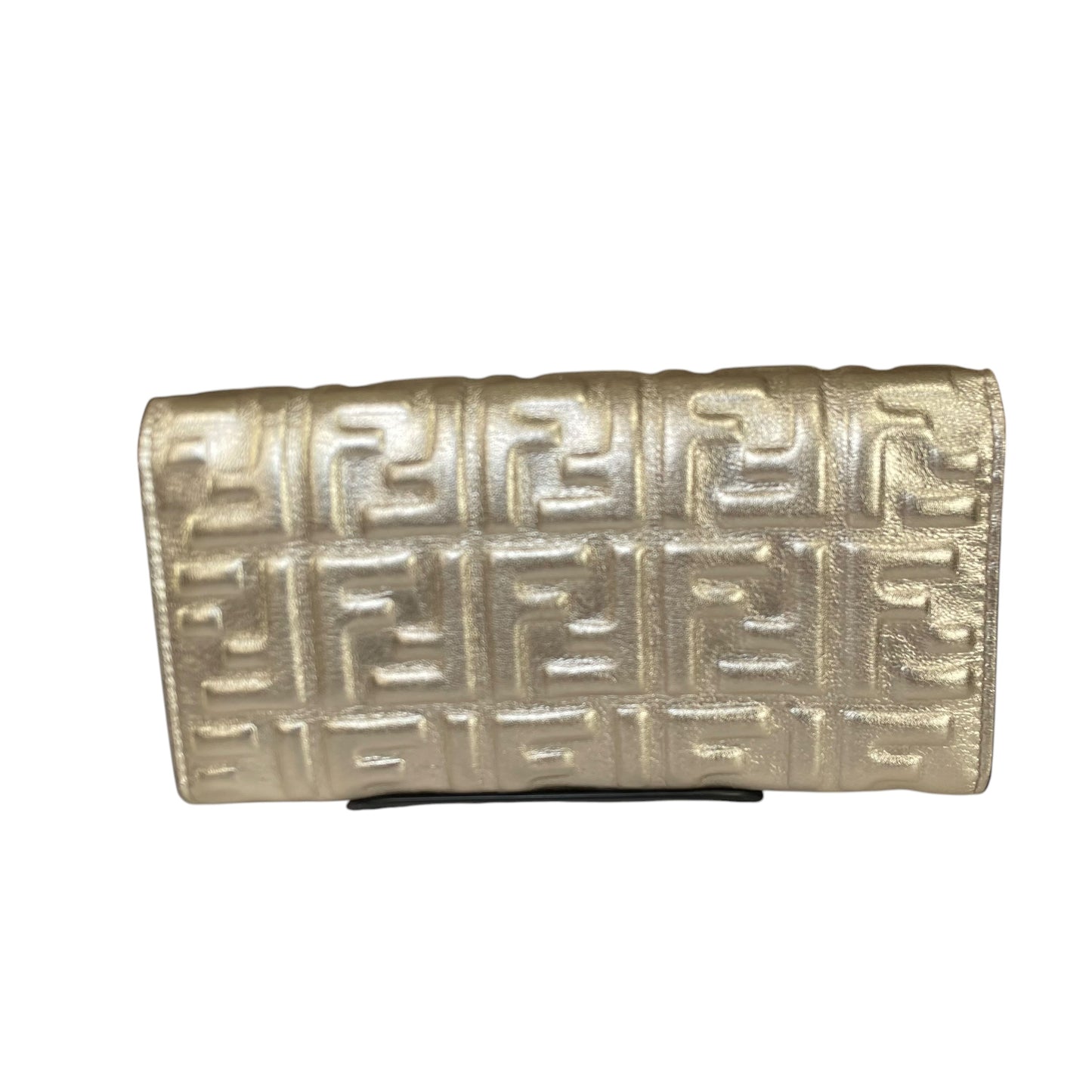 Fendi Zucca Baguette Leather Metallic Gold Silver Continental Long Wallet