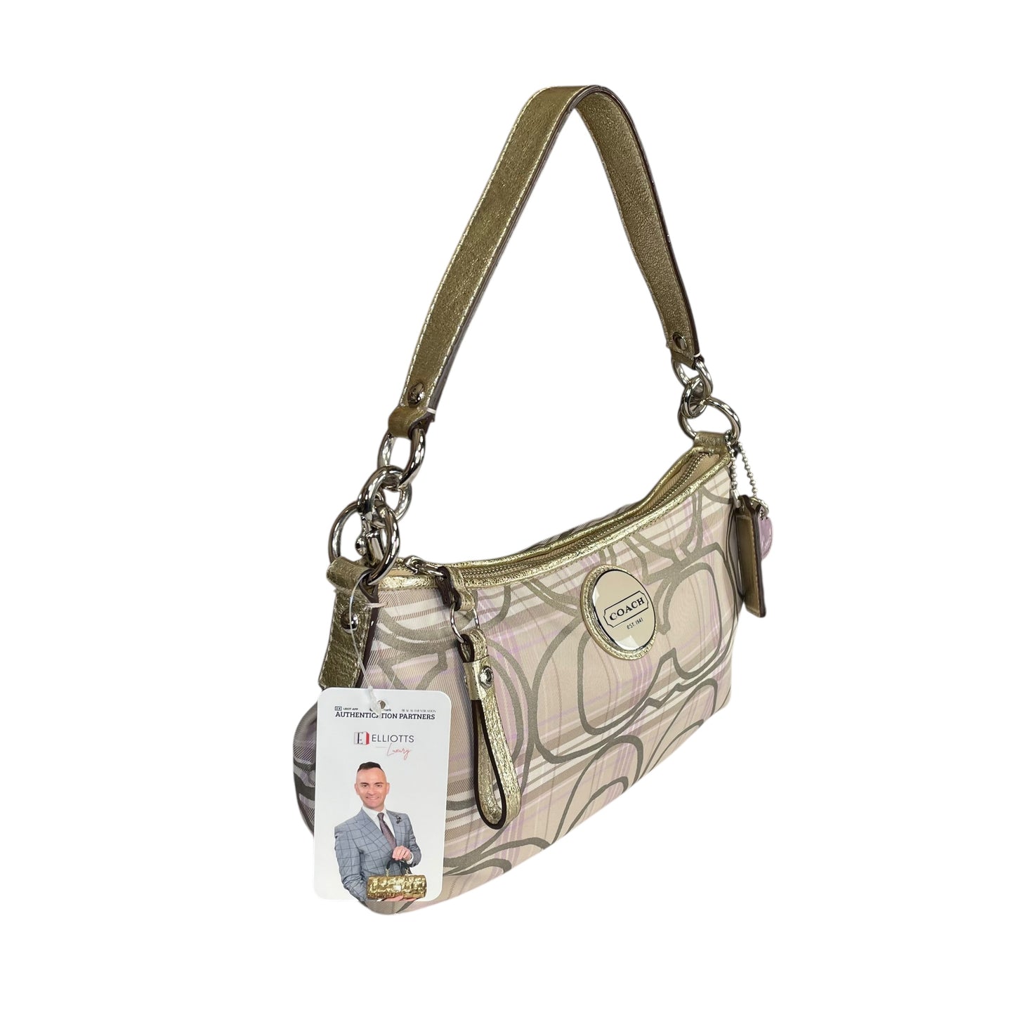 Coach Demi Tartan Plaid Nylon Bag Metallic Gray Gold Leather Shoulder Crossbody Y2K