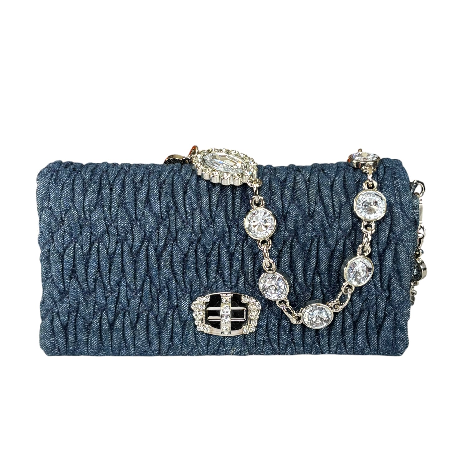 Miu Miu Crystal SHW Encrusted Denim 2-Way Crossbody Flap Turn-Lock Purse