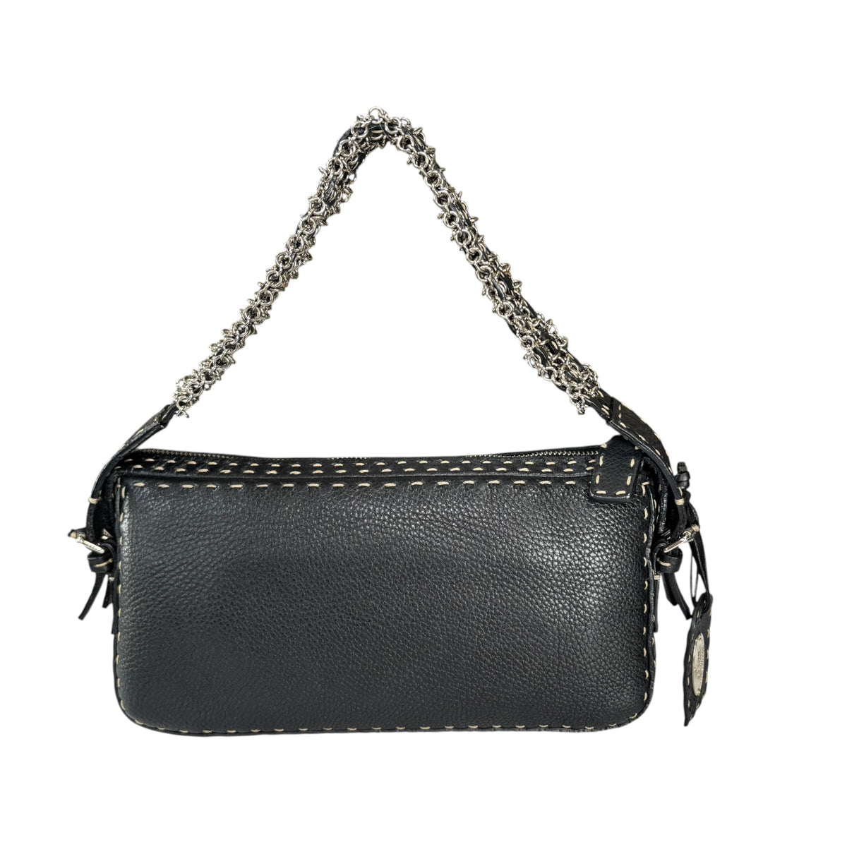 Fendi Selleria Baguette Black Leather Sterling Mesh Chain Purse