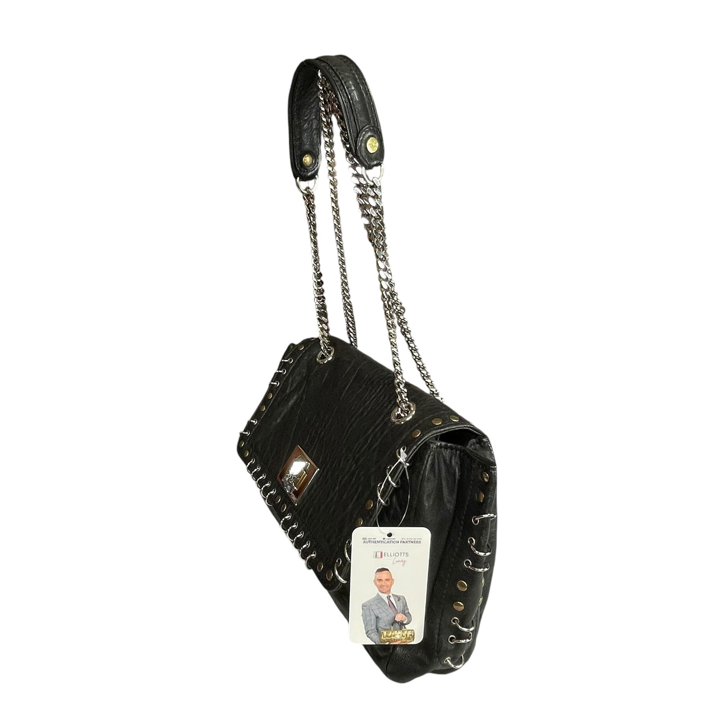 Emilio Pucci Pierced Studded Flap Black Aged Cowhide Silver Gold 2-Way Shoulder Bag