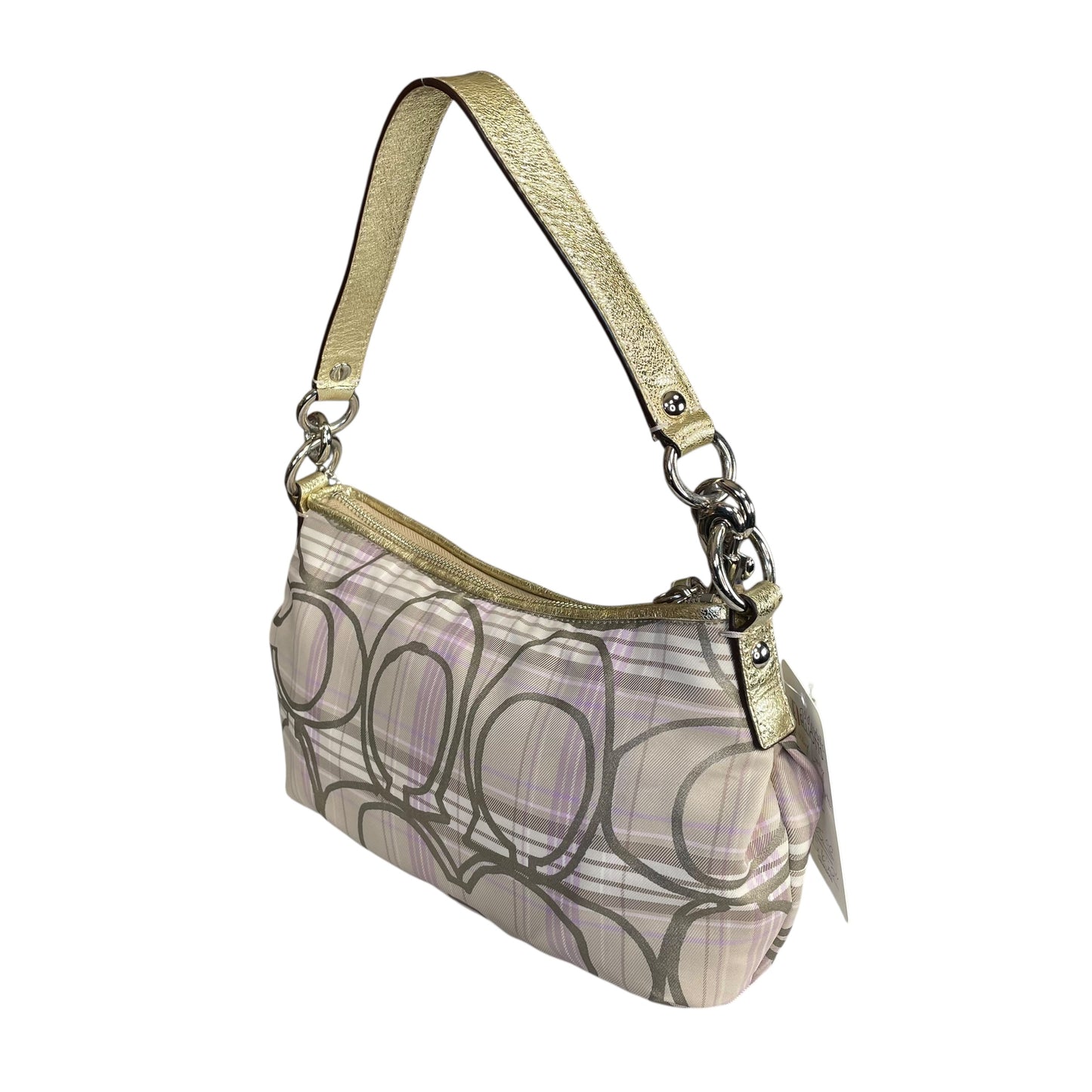 Coach Demi Tartan Plaid Nylon Bag Metallic Gray Gold Leather Shoulder Crossbody Y2K