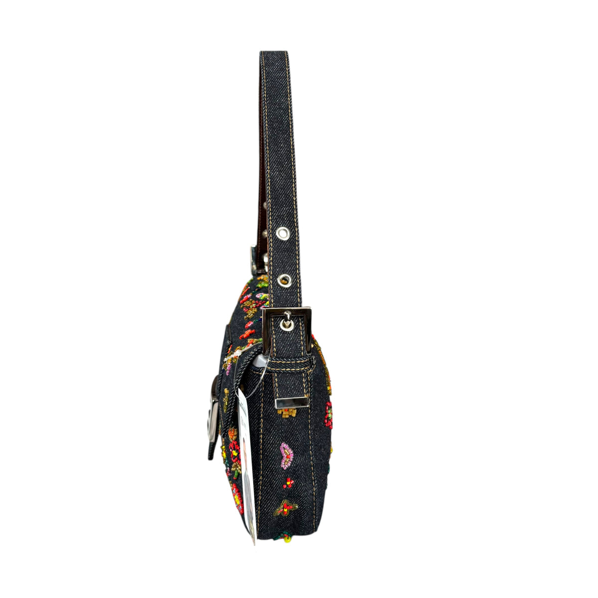 Fendi Y2K Denim Classic Floral Beaded Baguette Shoulder Purse