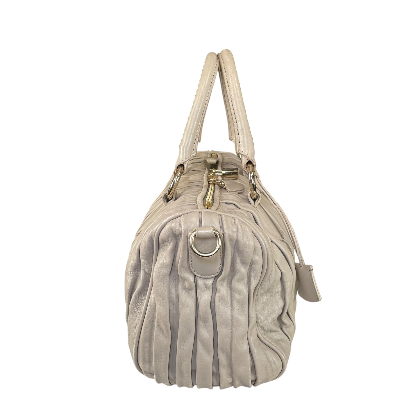 Emporio Armani Pleated GHW Leather Satchel Taupe Lock Key Crossbody Boston Bag
