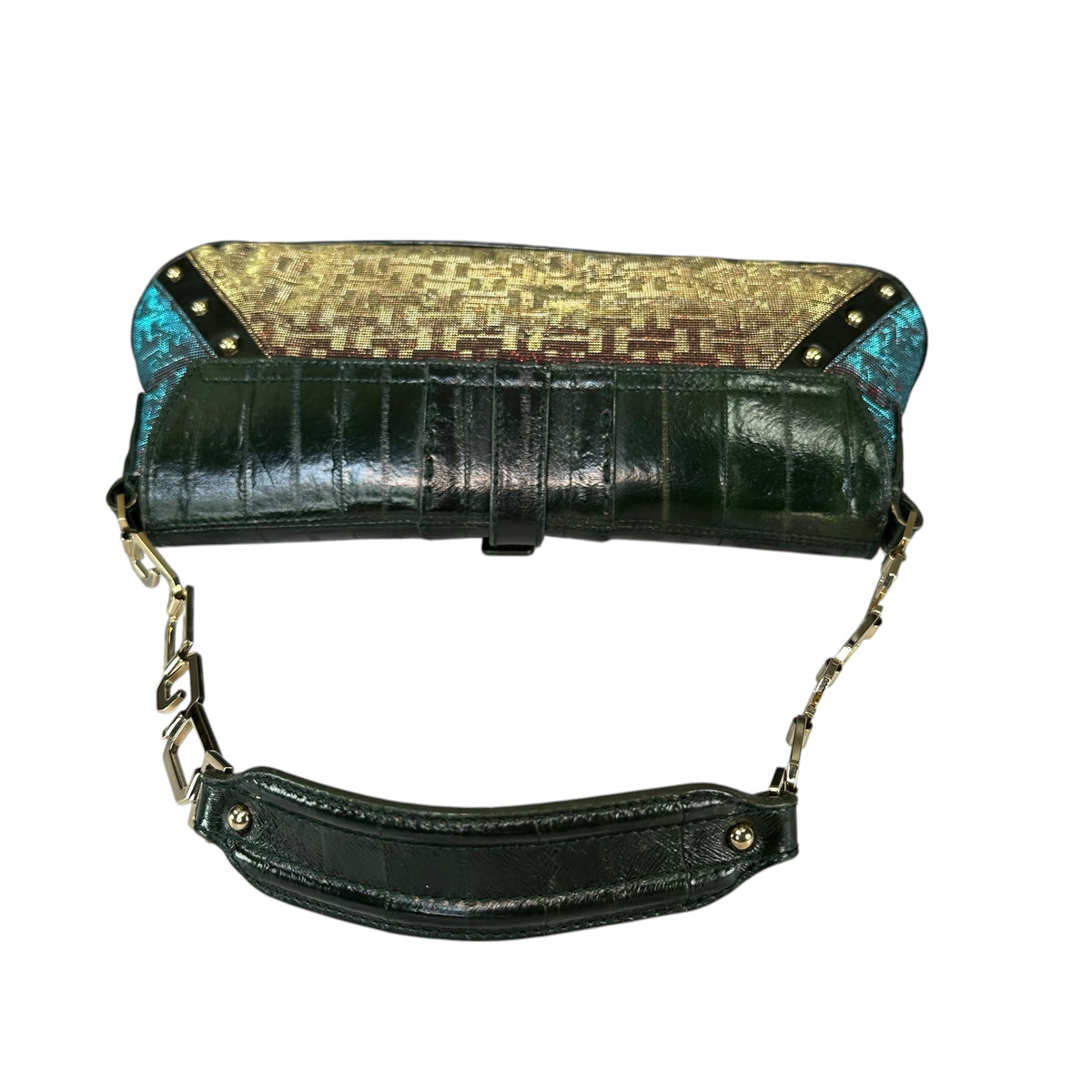 Dolce & Gabbana D-Ring Eel Skin Green / Gold Hologlyphic Canvas Shoulder Purse