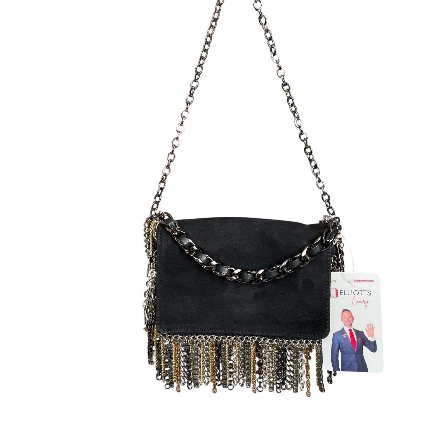 Jimmy Choo  Mini Black Suede Mixed Chain Rhinestone Fringe Hardware 2-Way Clutch Shoulder Purse