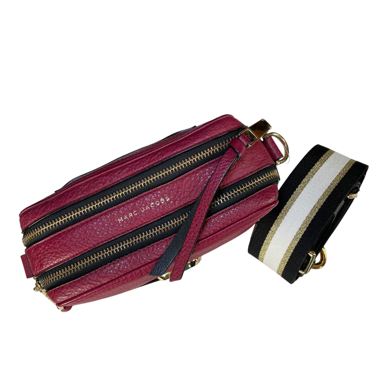 Marc Jacobs Soft Snapshot 21 Burgundy Black Leather Crossbody Gold HW Strap