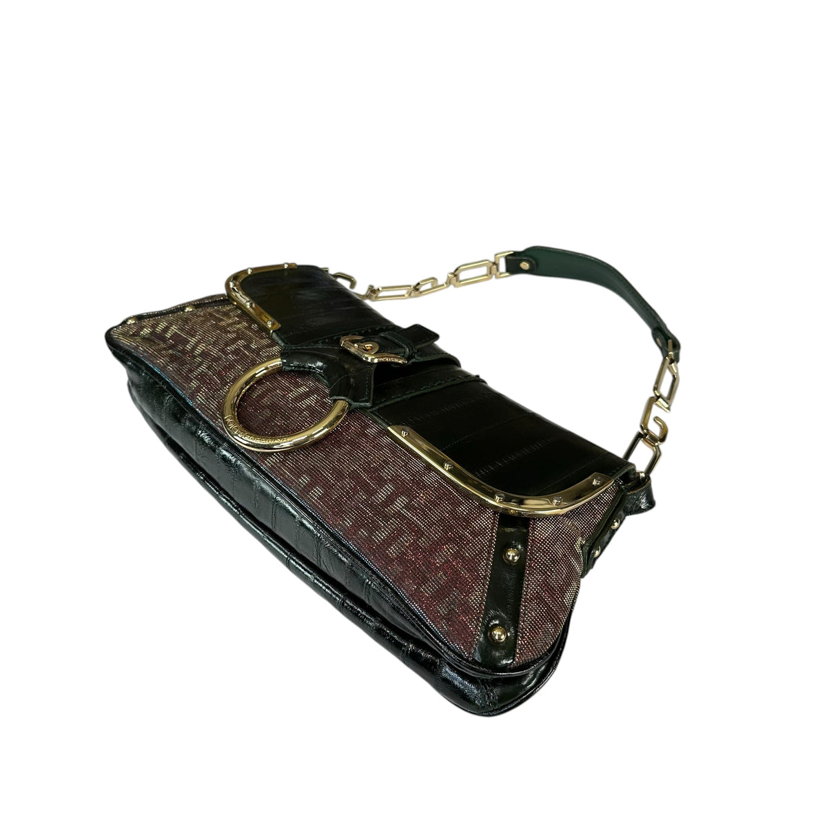 Dolce & Gabbana D-Ring Eel Skin Green / Gold Hologlyphic Canvas Shoulder Purse