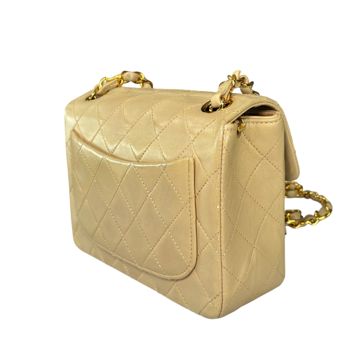 Chanel CC Classic Mini Square Beige Lambskin GHW Shoulder Purse