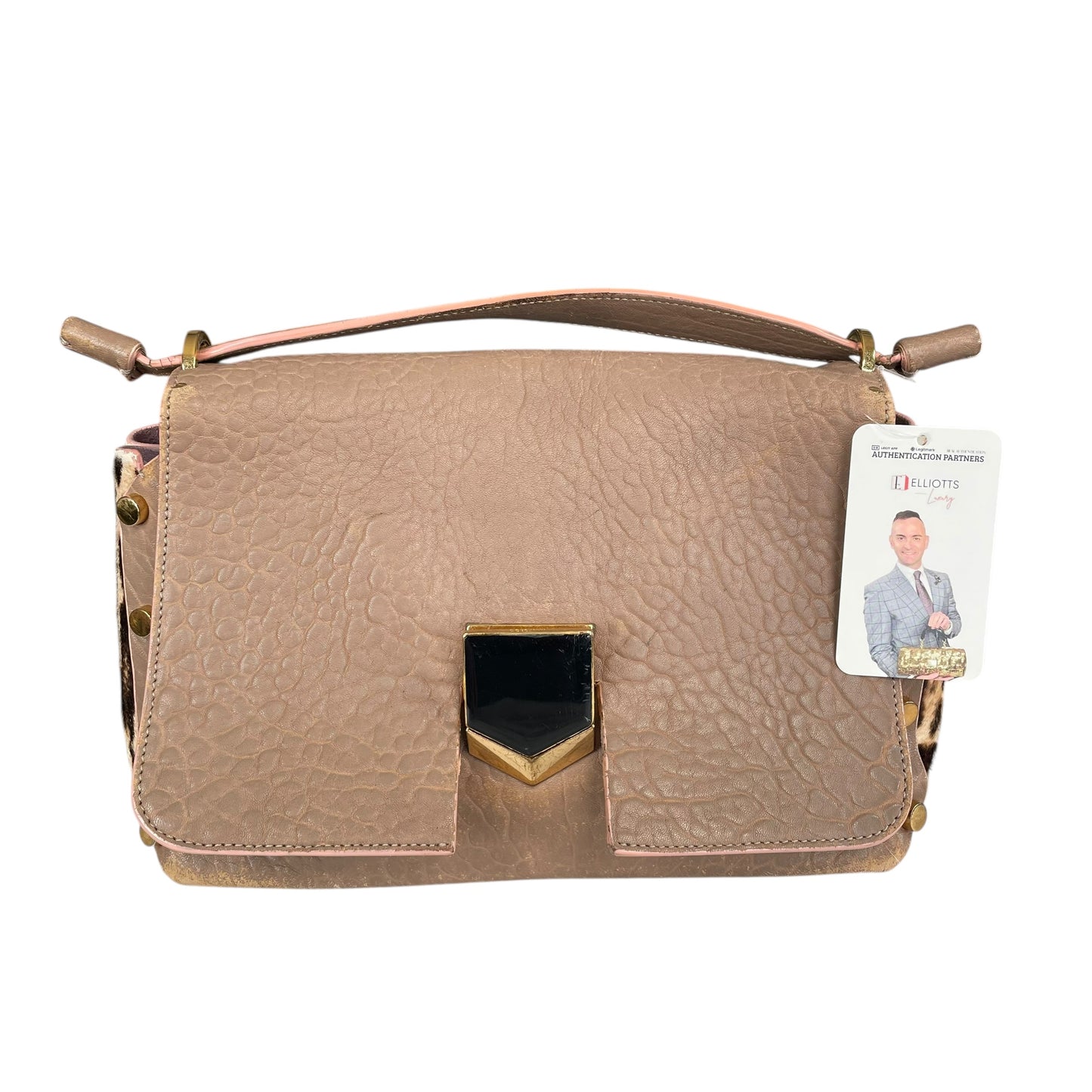 Jimmy Choo Lockett Two Way Bag Leopard Pony Hair Taupe Leather Gold HW Satchel