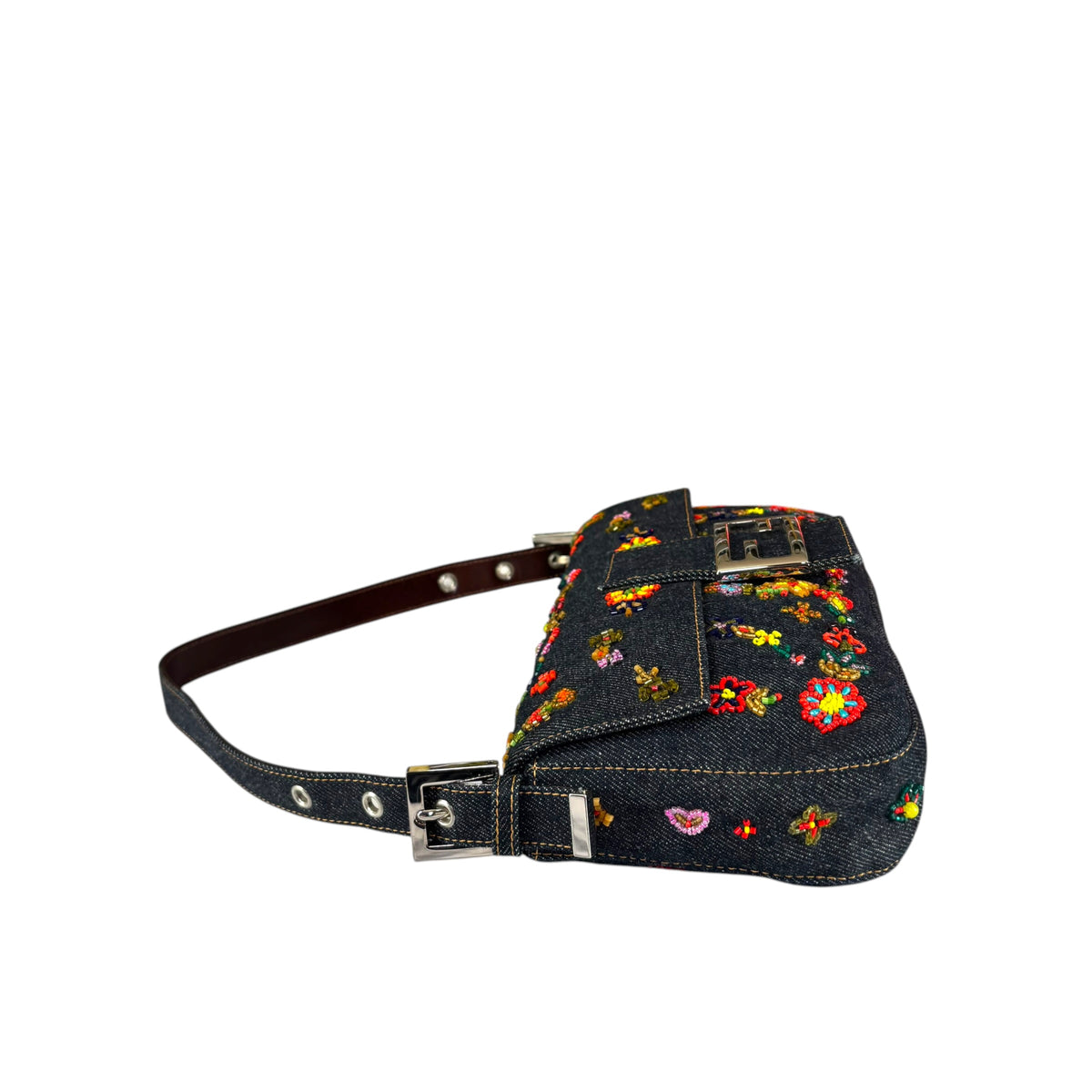 Fendi Y2K Denim Classic Floral Beaded Baguette Shoulder Purse