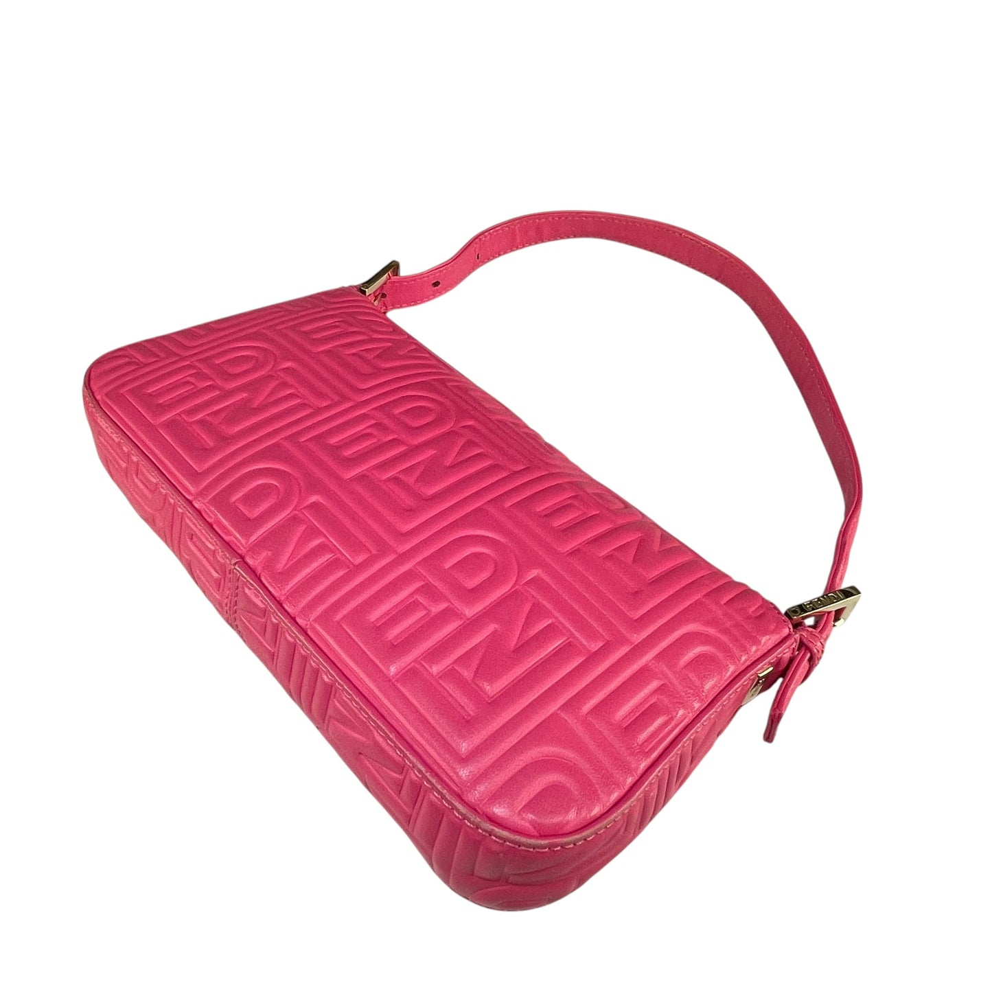 Fendi Baguette Re-Issue Embossed GHW Fusia Pink Leather Shoulder Purse