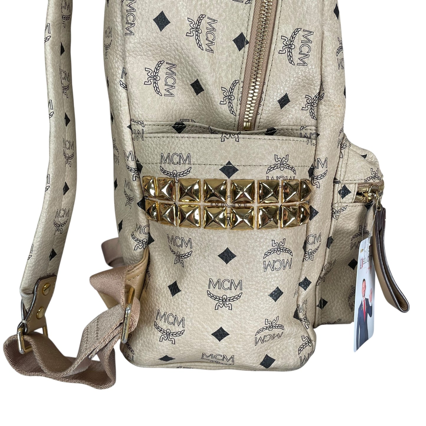 MCM Viestos GHW Studded Creme Pebbled Canvas 15" Laptop Bag Backpack