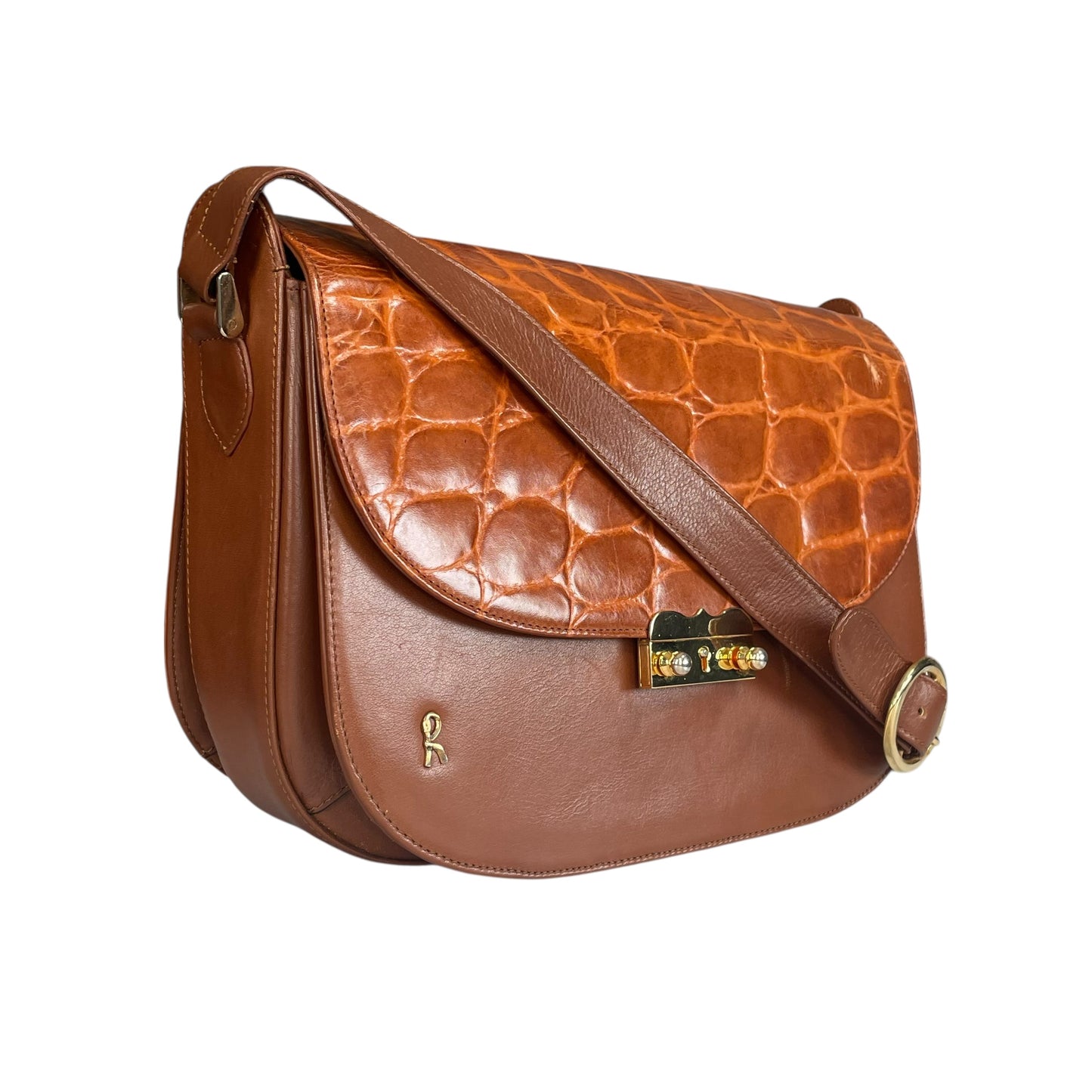 Roberta Di Camerino Croc Embossed Brown Leather GHW Shoulder Flap Purse