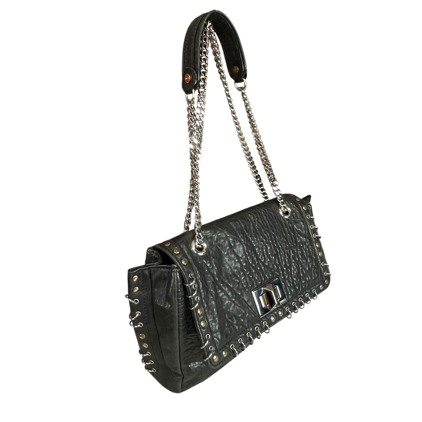 Emilio Pucci Pierced Studded Flap Black Aged Cowhide Silver Gold 2-Way Shoulder Bag