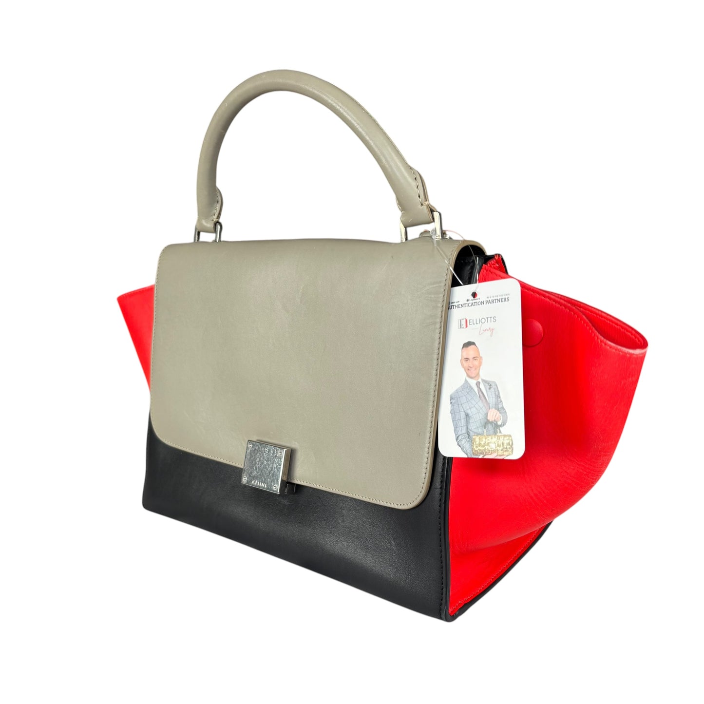 Celine Trapeze Tri-Color Red Black Grey Turn-Lock Top Handle Purse