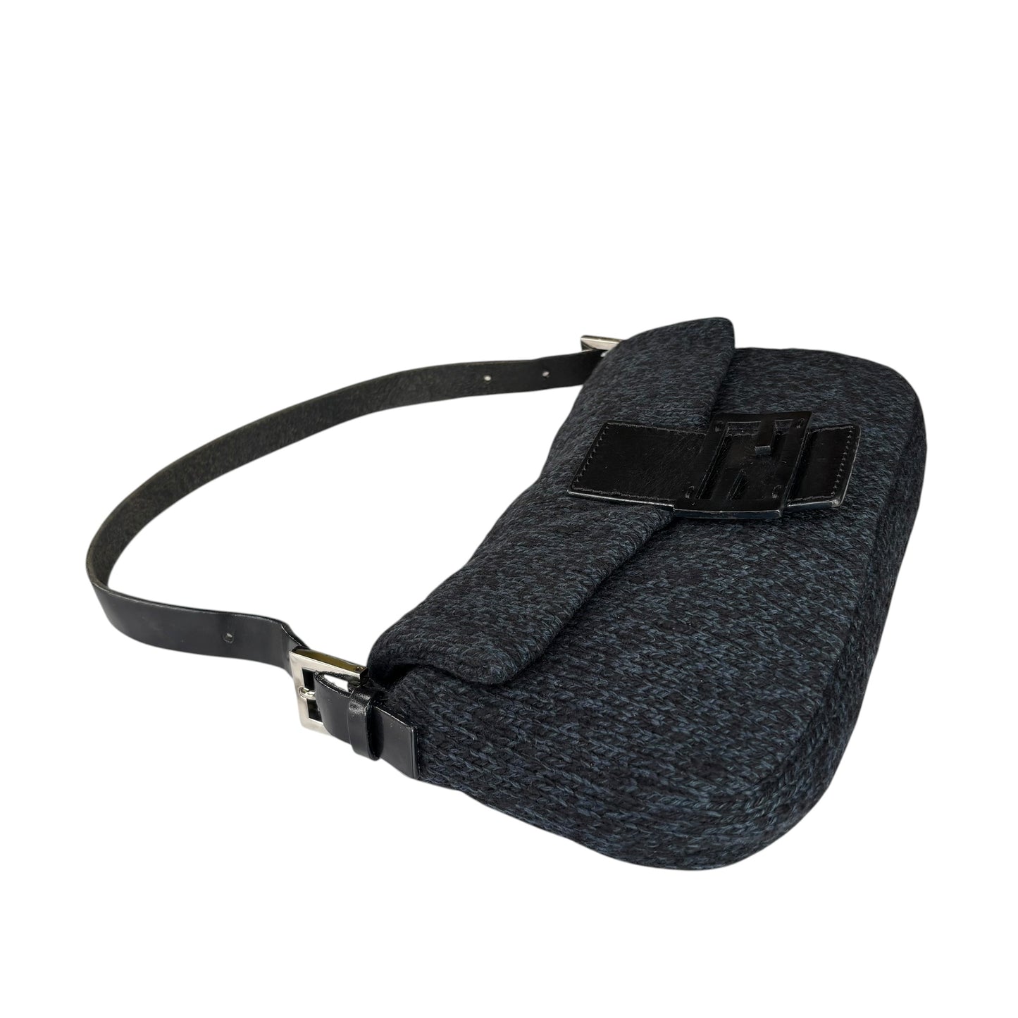 Fendi Baguette Classic Y2K Wool Cashmere Blue / Black SHW Knit Shoulder Purse