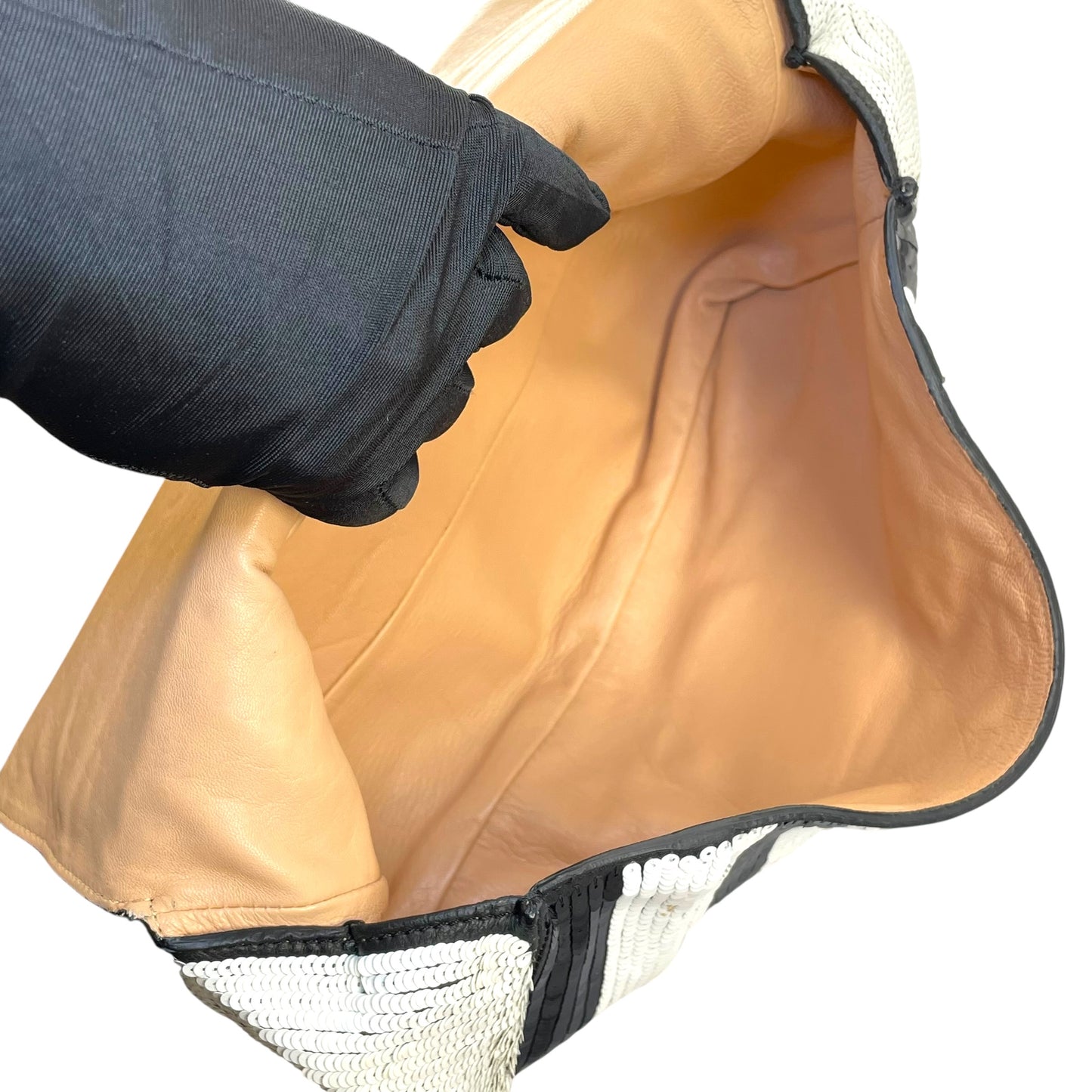 Chloe Elsie Medium Sequin Leather Stripe Black White GHW Rope Strap Shoulder Bag