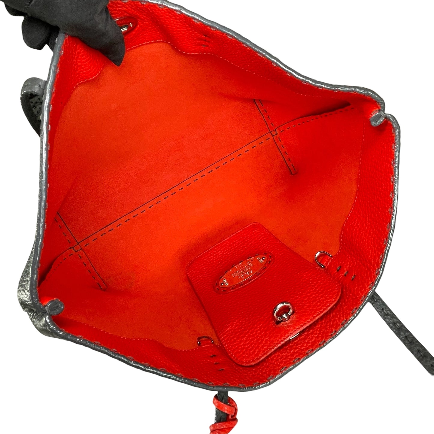 Fendi Selleria Grey / Red Sterling Silver  Pebbled Leather Lock Medium Tote