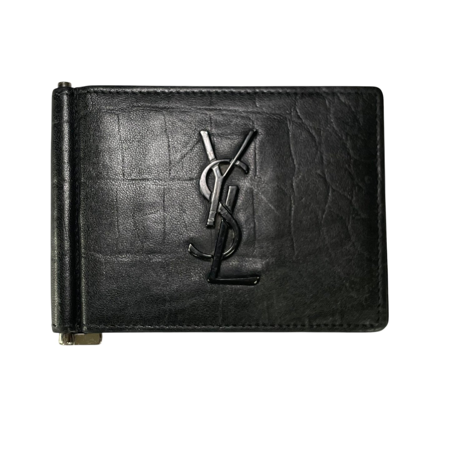 YSL Mens Black Croc Embossed Clip Cash Card Bi Fold Wallet