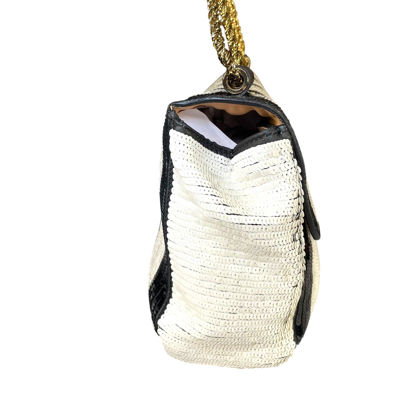 Chloe Elsie Medium Sequin Leather Stripe Black White GHW Rope Strap Shoulder Bag
