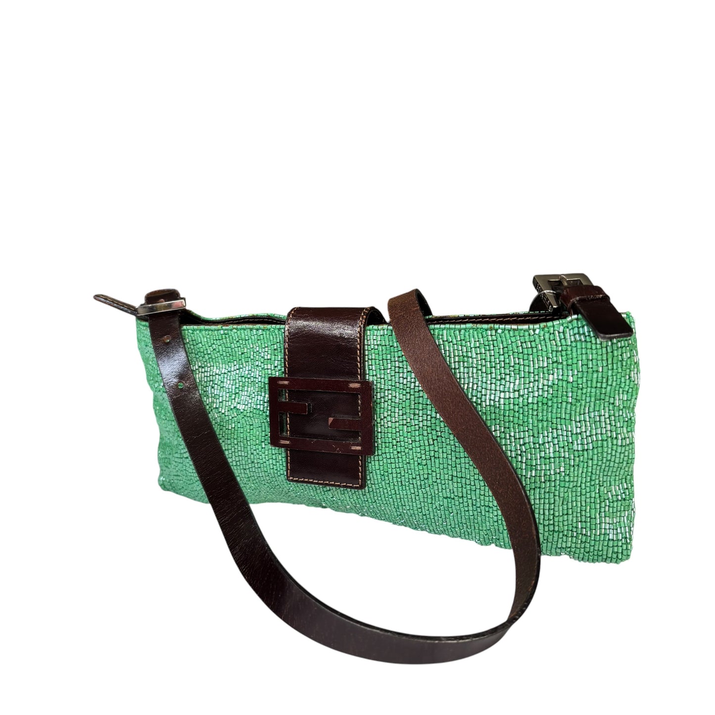 Fendi Y2K Slim Baguette Green Beaded Shoulder Purse