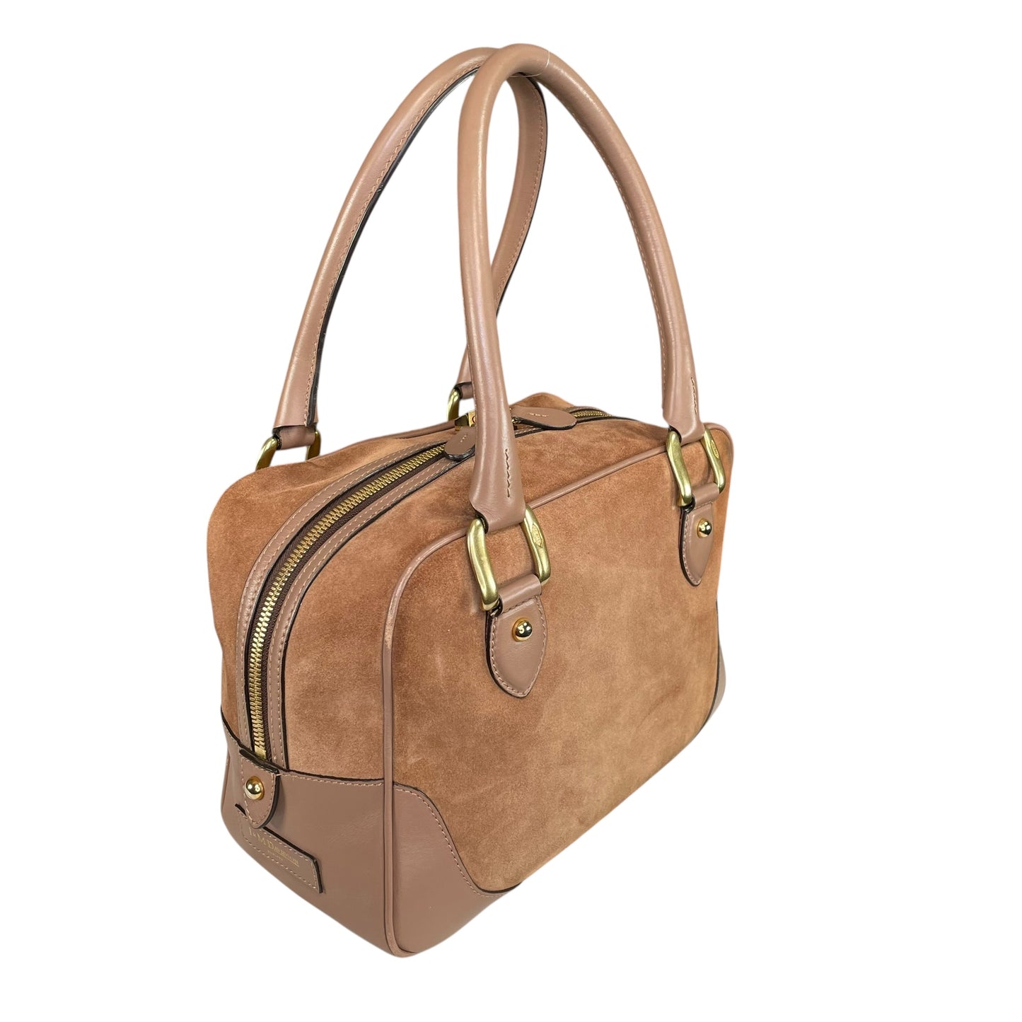 J&M Davidson Mia Equestrian Satchel Suede Leather Brown Lock Key Boston Bag